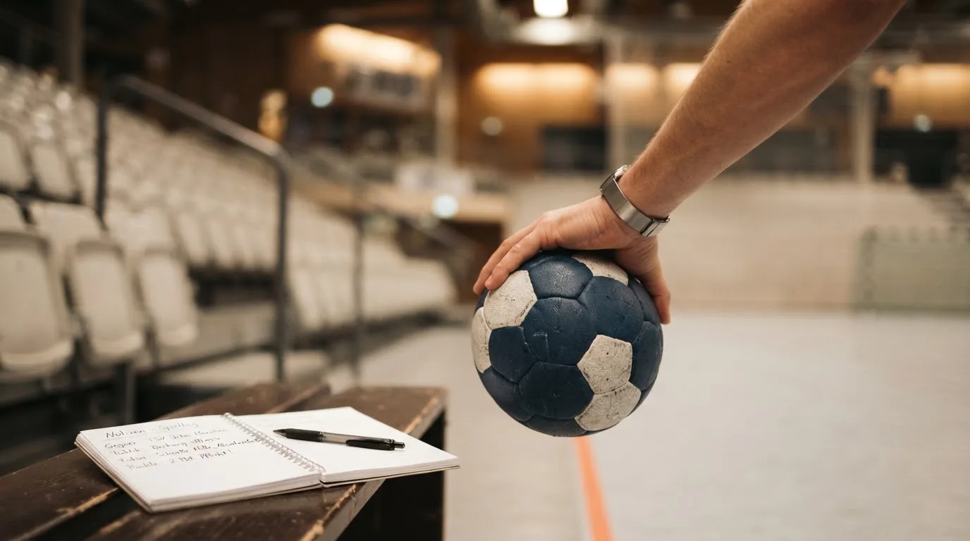 Eine Hand hält einen Handball, im Hintergrund eine unscharfe Tribüne, daneben liegt ein Notizblock auf einer Bank.