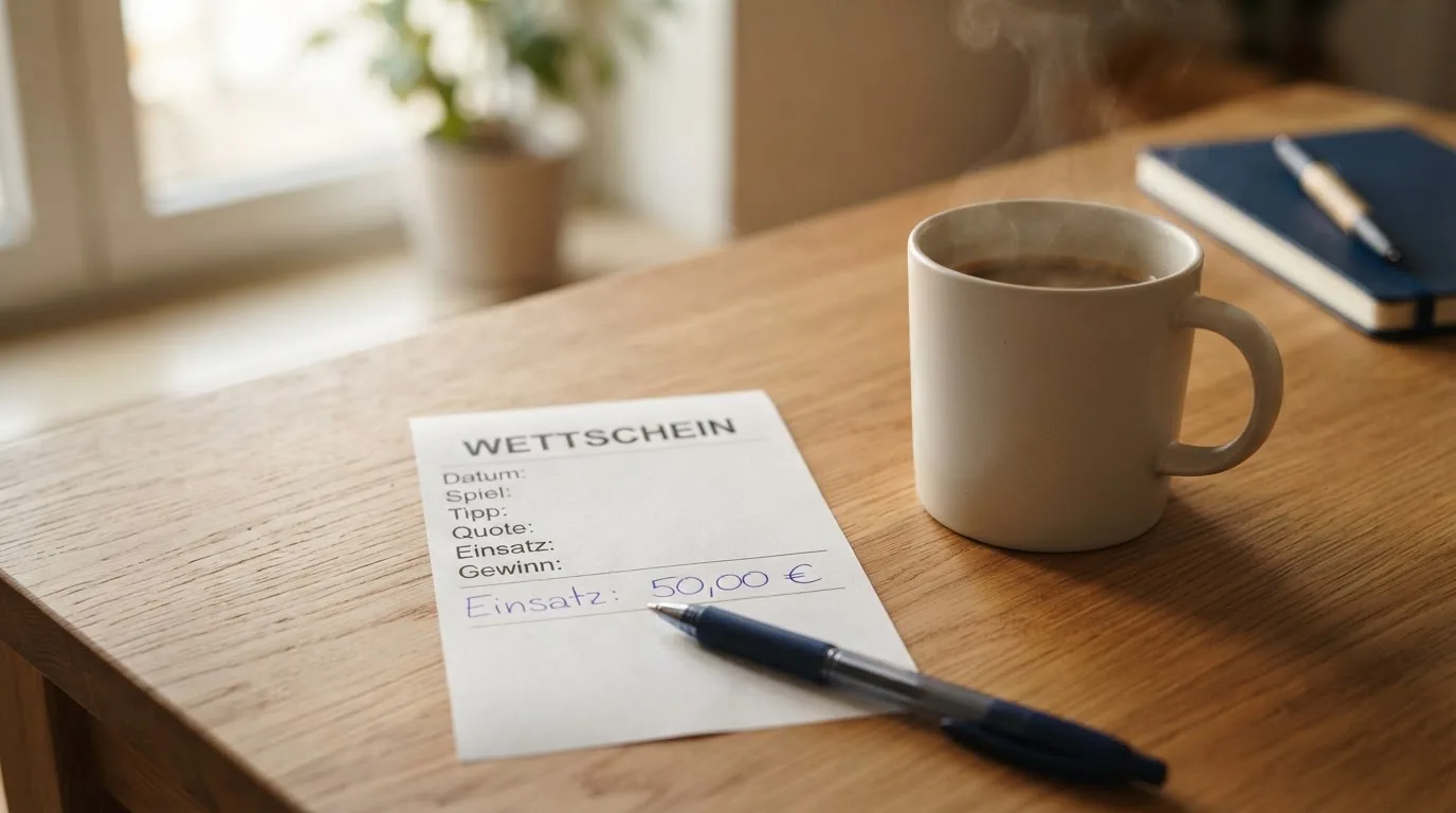 Ein leerer Wettschein aus Papier und ein Kugelschreiber liegen auf einem Schreibtisch neben einer Tasse Kaffee im Tageslicht.