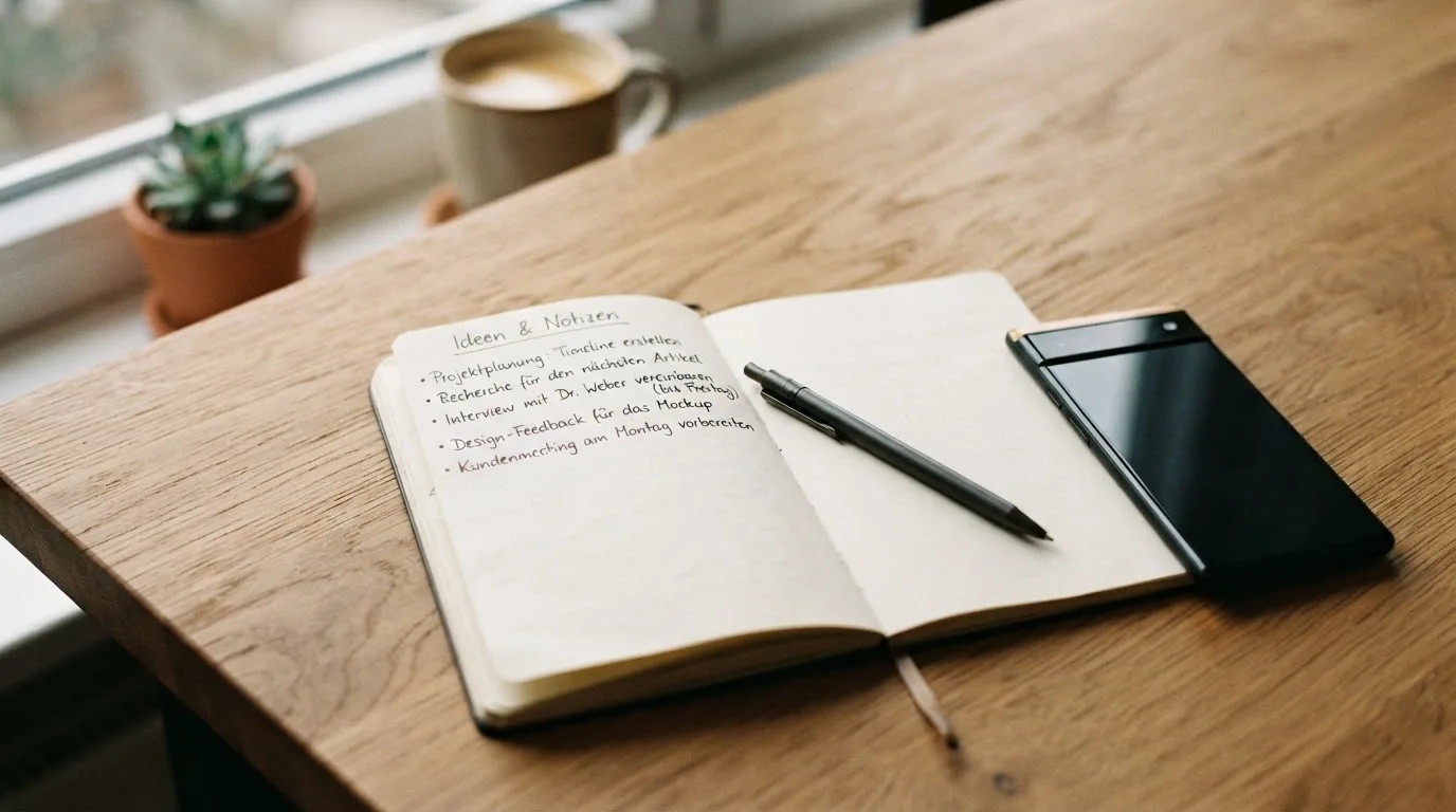 Ein Notizbuch mit handschriftlichen Notizen und ein Stift liegen auf einem Holztisch neben einem Smartphone mit dunklem Bildschirm.