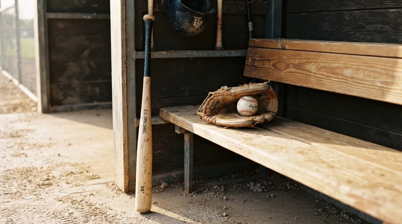 Ein Baseballschläger lehnt an einer Bank im Dugout, daneben liegen ein Handschuh und ein Ball im Licht der Nachmittagssonne.