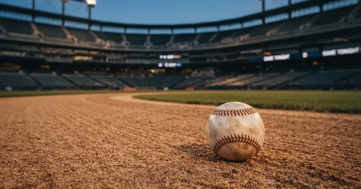 Ein Baseball liegt auf dem hellen Sand des Infields, im Hintergrund eine große Tribüne in der Abenddämmerung.