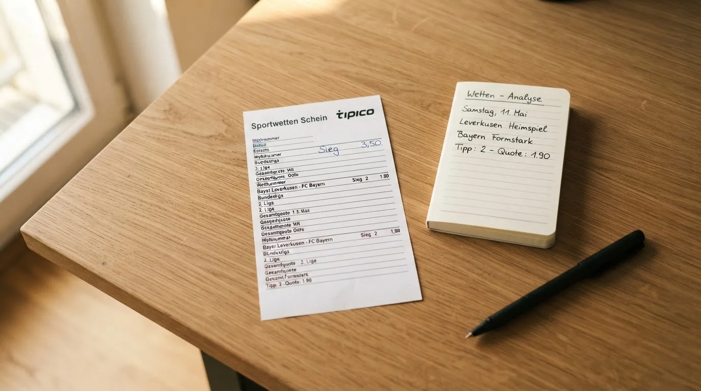 Ein leerer Wettschein aus Papier liegt neben einem Notizbuch und einem Stift auf einem aufgeräumten Schreibtisch.