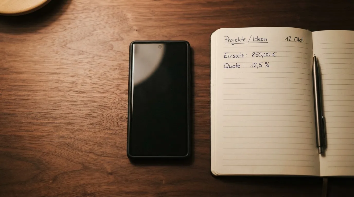 Ein Smartphone mit dunklem Display liegt neben einem Notizbuch und einem Kugelschreiber auf einem Tisch.
