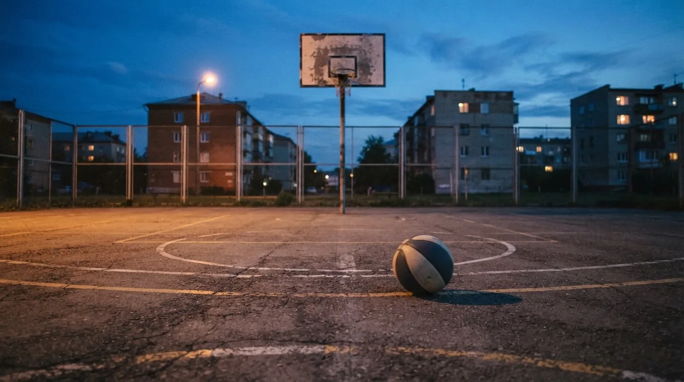 Ein Basketball rollt auf einem Freiluftplatz in der Abenddämmerung zu einem Korb, die Straßenlaternen leuchten bereits.