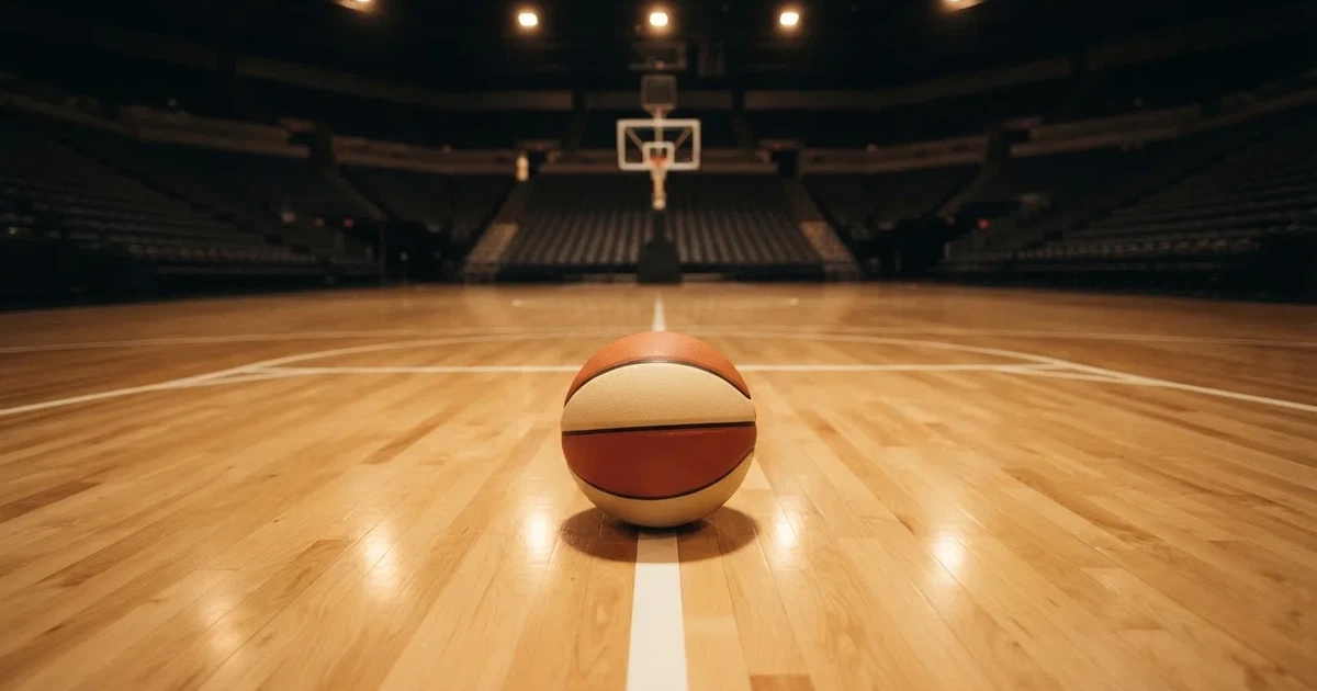 Ein Basketball liegt auf dem Parkettboden einer leeren Arena, Scheinwerfer werfen Licht auf die Mittellinie.