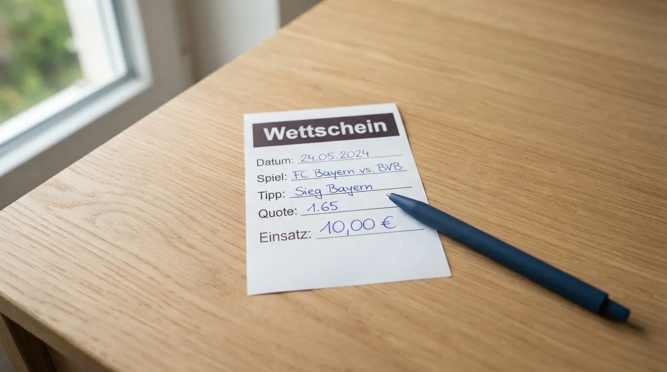 Ein leerer Wettschein aus Papier liegt neben einem Kugelschreiber auf einem Schreibtisch im Tageslicht.