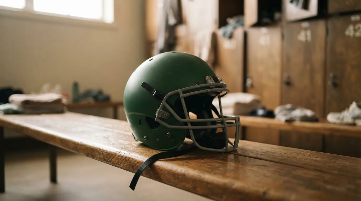 Ein neutraler Footballhelm ohne Aufdruck steht auf einer Holzbank in einer Umkleidekabine.