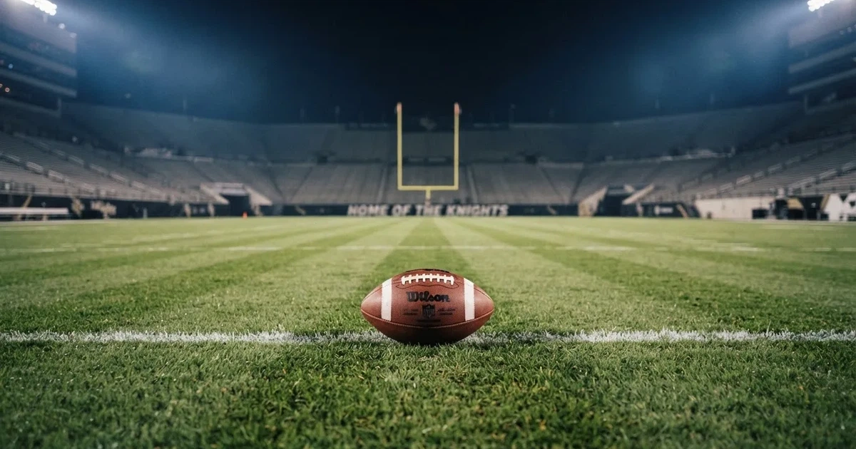 Ein American Football liegt auf dem Rasen eines leeren Stadions unter Flutlicht, die Torstangen ragen im Hintergrund auf.