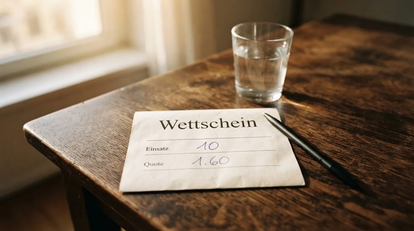 Ein leerer Wettschein aus Papier liegt neben einem Stift auf einem Tisch, daneben ein Glas Wasser.