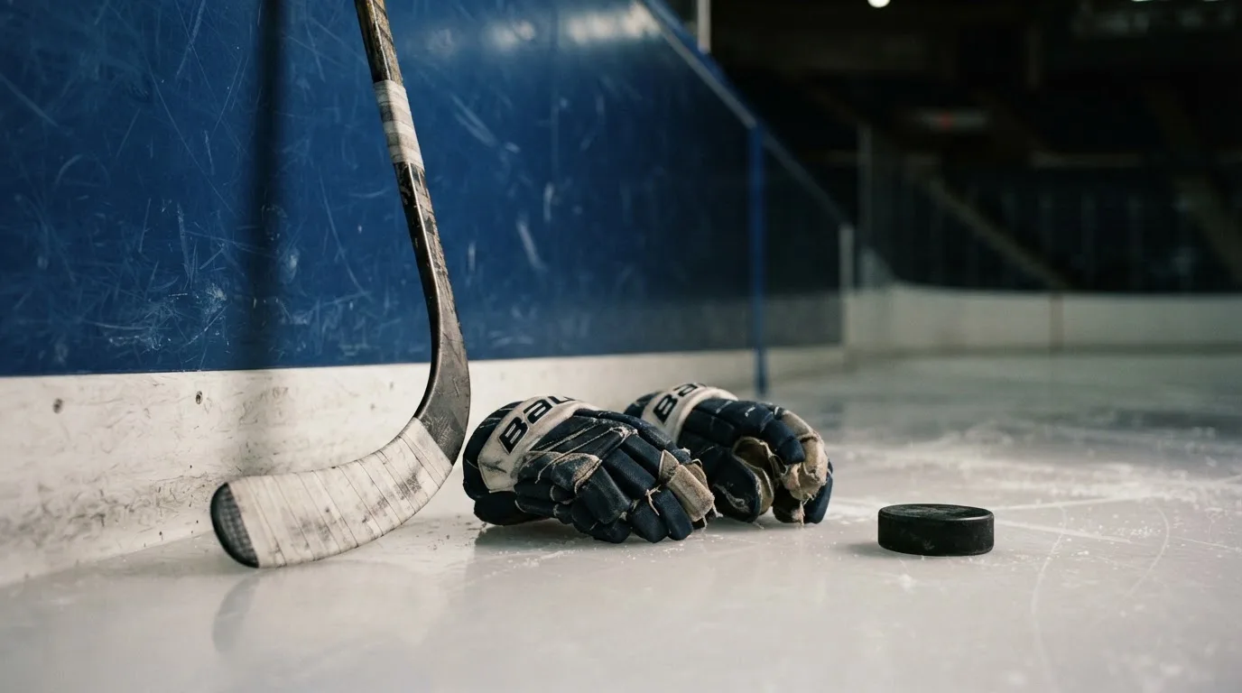 Ein Eishockeyschläger lehnt an einer Bande, daneben liegen ein Puck und ein Paar Handschuhe in einer Eishalle.