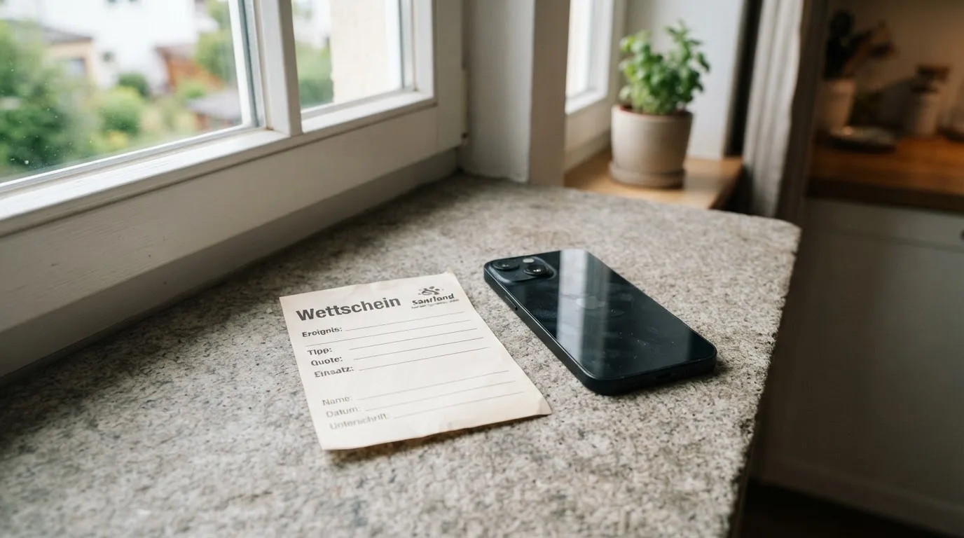Ein leerer Wettschein aus Papier und ein Smartphone mit dunklem Display liegen auf einer Fensterbank im Tageslicht.
