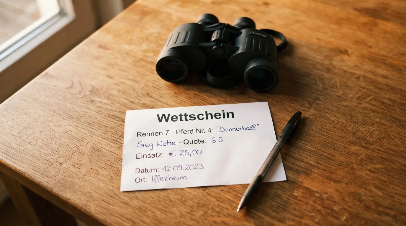 Ein leerer Wettschein aus Papier und ein Kugelschreiber liegen auf einem Holztisch neben einem Fernglas.