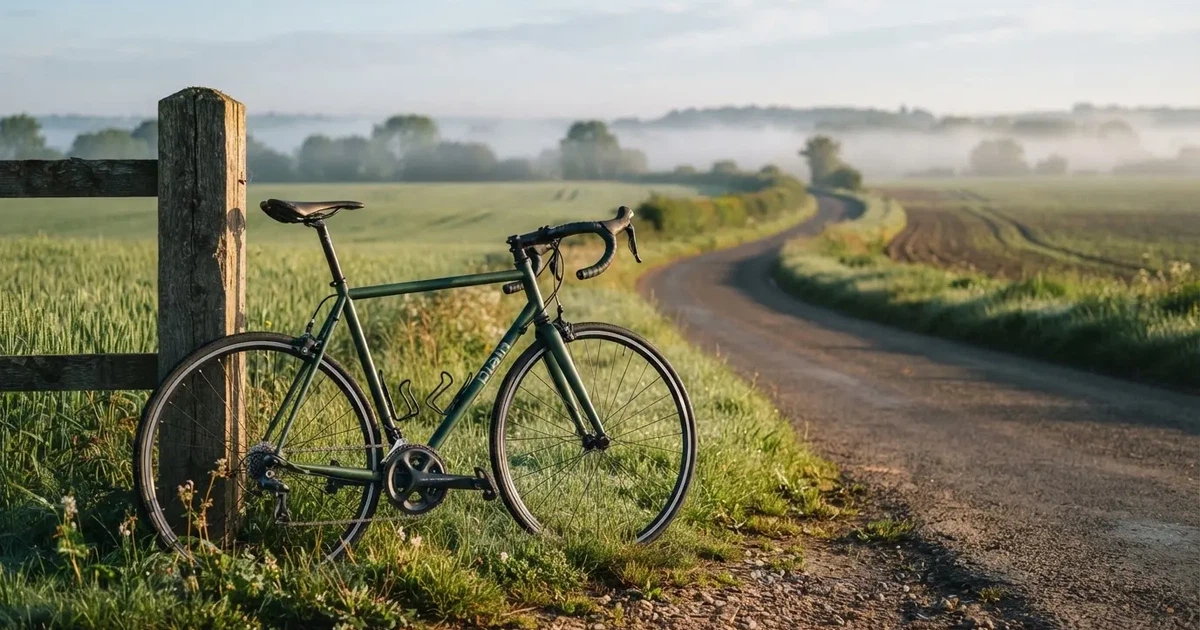 Eine Landstraße zwischen Feldern im Morgenlicht, am Straßenrand lehnt ein Rennrad ohne Aufschrift an einem Pfosten.