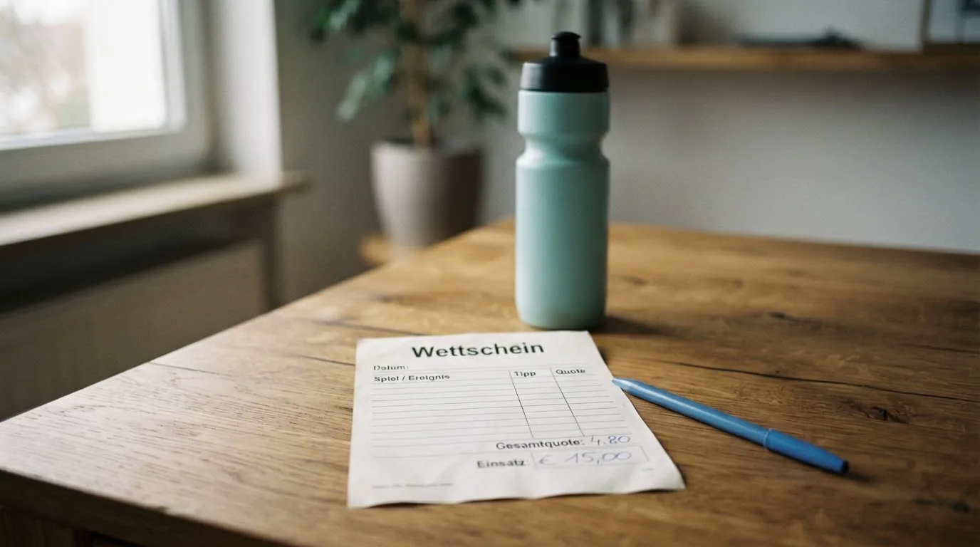 Ein leerer Wettschein aus Papier liegt neben einer Trinkflasche und einem Stift auf einem Tisch.