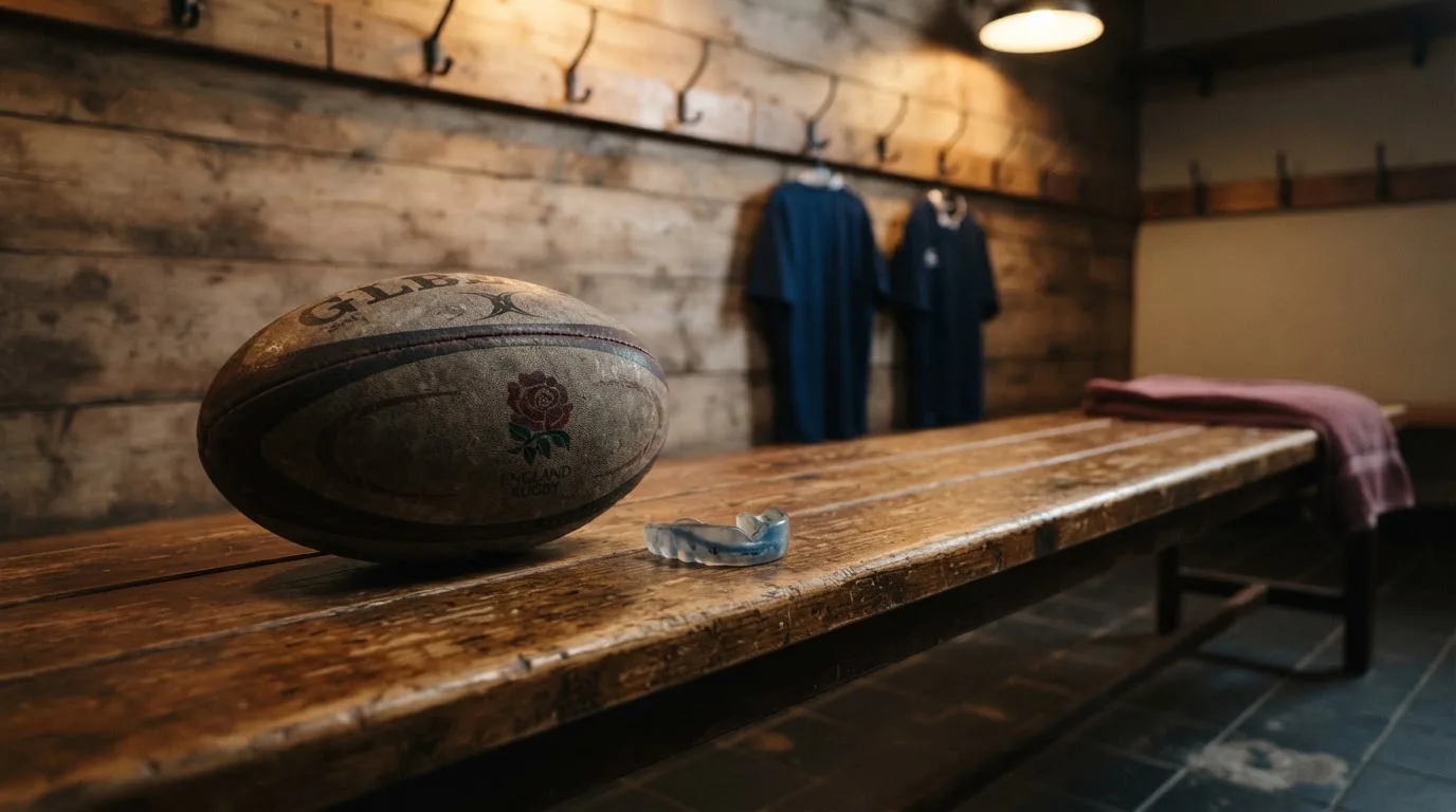 Ein Rugbyball und ein Mundschutz liegen auf einer Holzbank neben einer Reihe Kleiderhaken in einer Umkleide.