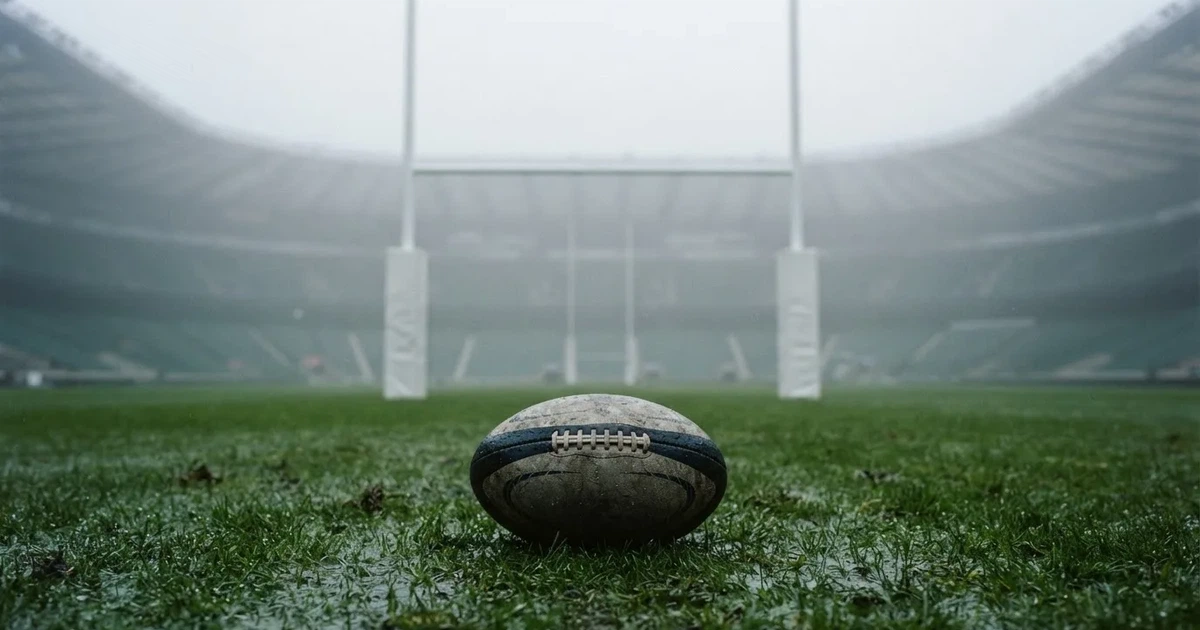 Ein ovaler Rugbyball liegt vor den hohen Torstangen auf nassem Rasen, über dem Stadion zieht Nebel auf.