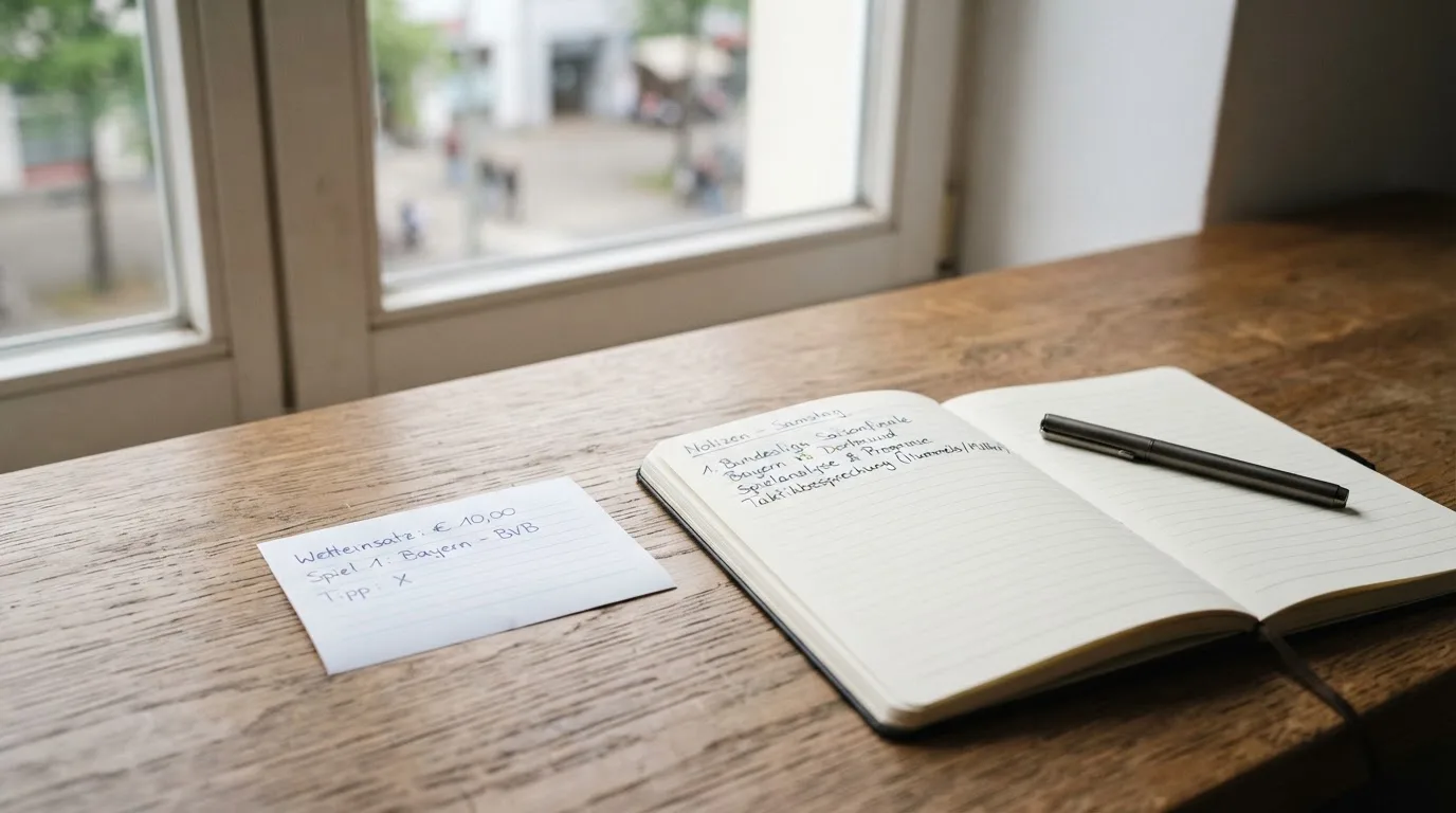 Ein leerer Wettschein aus Papier liegt neben einem Notizbuch und einem Stift auf einem Schreibtisch am Fenster.