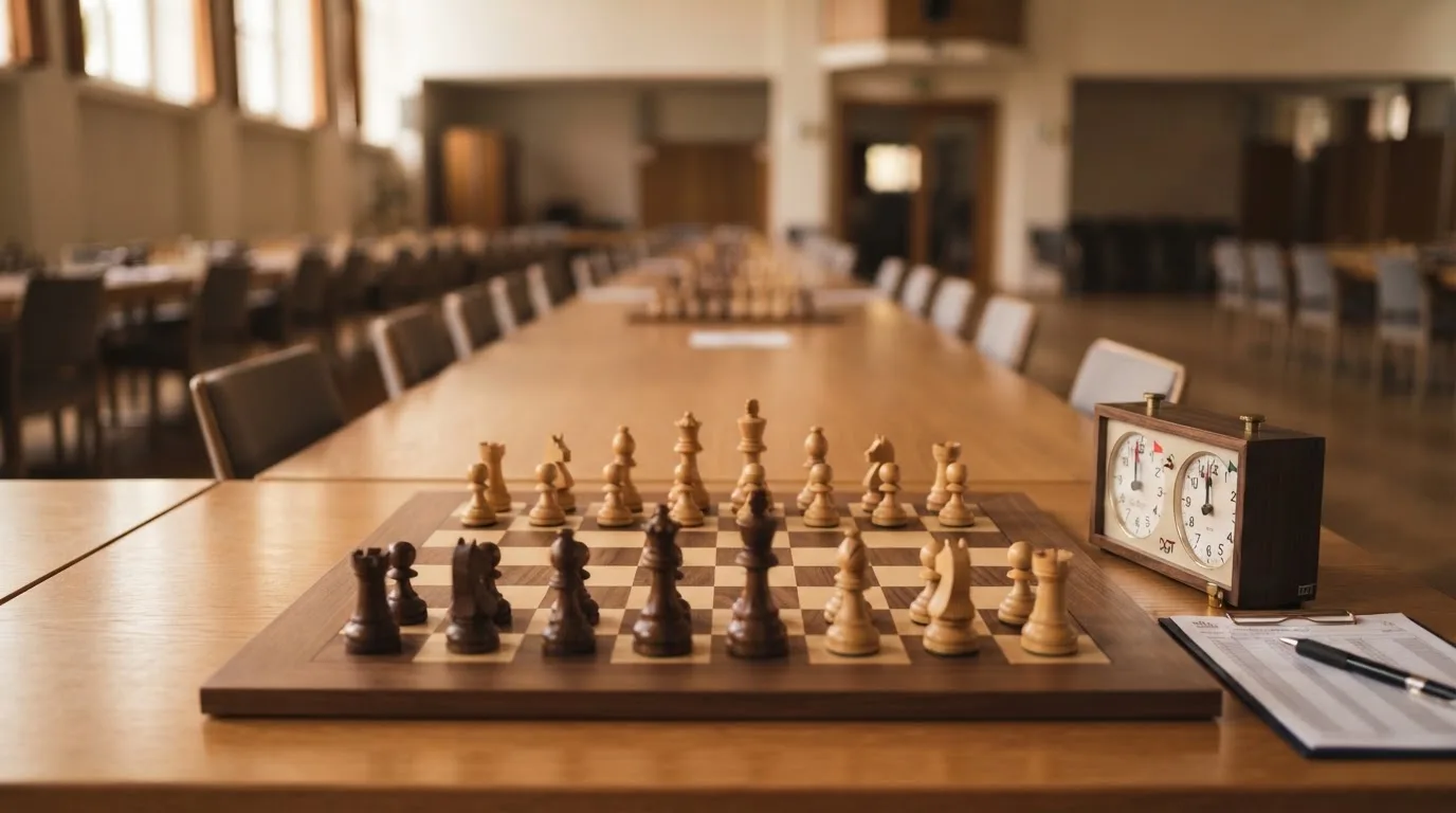 Ein Schachbrett und eine Schachuhr stehen auf einem Tisch in einem leeren Turniersaal, die Stühle sind ordentlich zurückgeschoben.