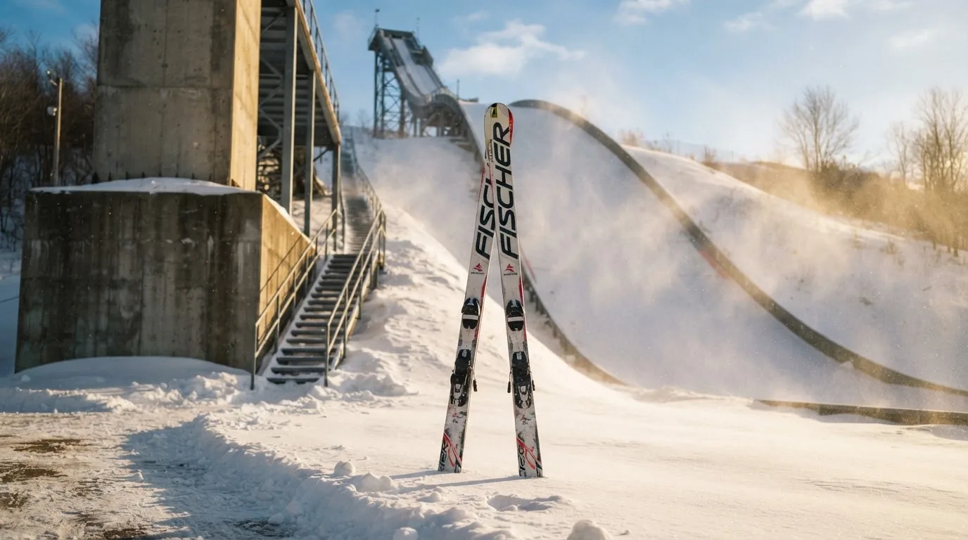 Ein Paar Skier steckt aufrecht im Schnee neben einem Anlaufturm, im Hintergrund wirbelt feiner Schnee im Wind.