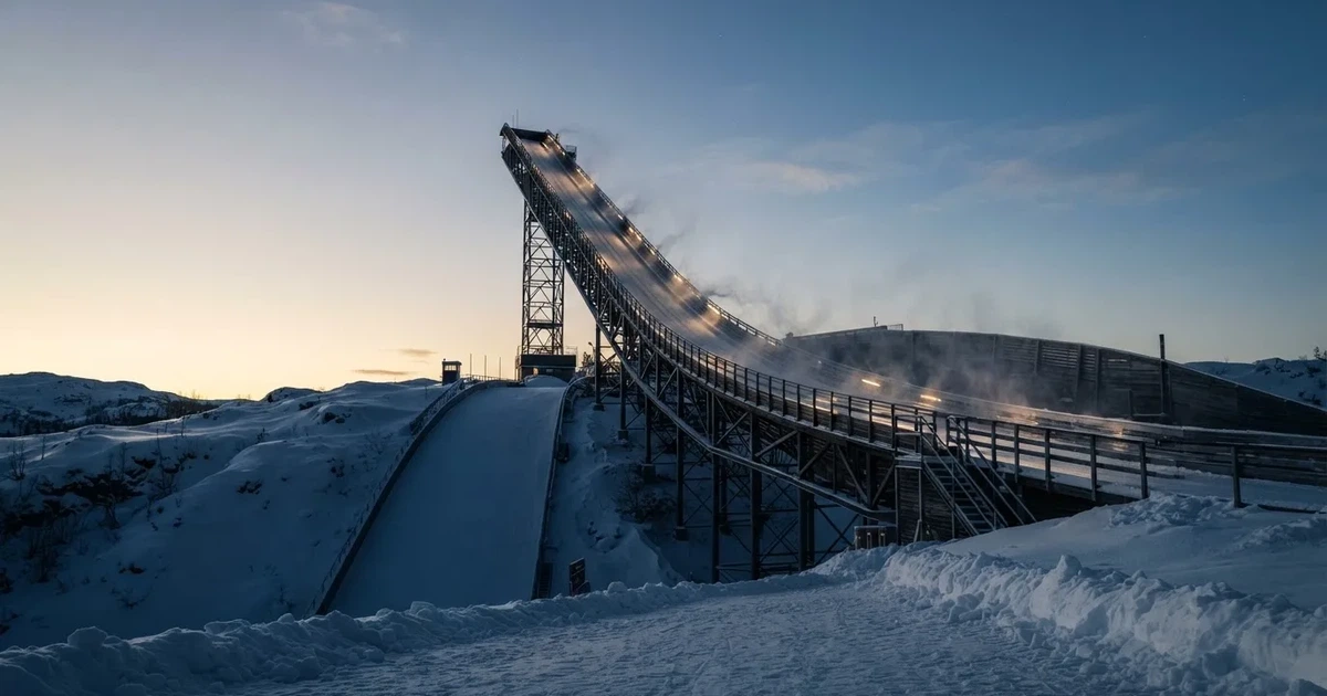 Eine Skisprungschanze im Schnee, von unten gesehen, vor einem klaren Winterhimmel in der Dämmerung, ohne Menschen.