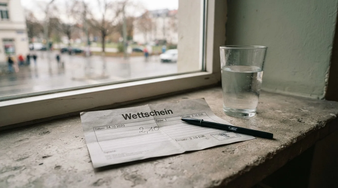 Ein leerer Wettschein aus Papier und ein Kugelschreiber liegen neben einem Glas Wasser auf einer Fensterbank.