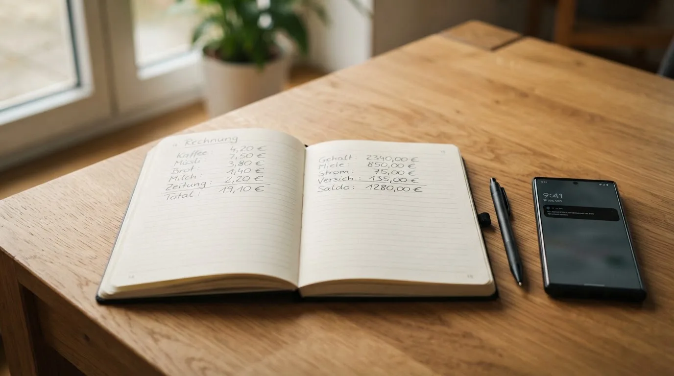 Ein aufgeschlagenes Notizbuch mit handschriftlichen Rechnungen liegt neben Stift und Smartphone auf einem Holztisch im Tageslicht.