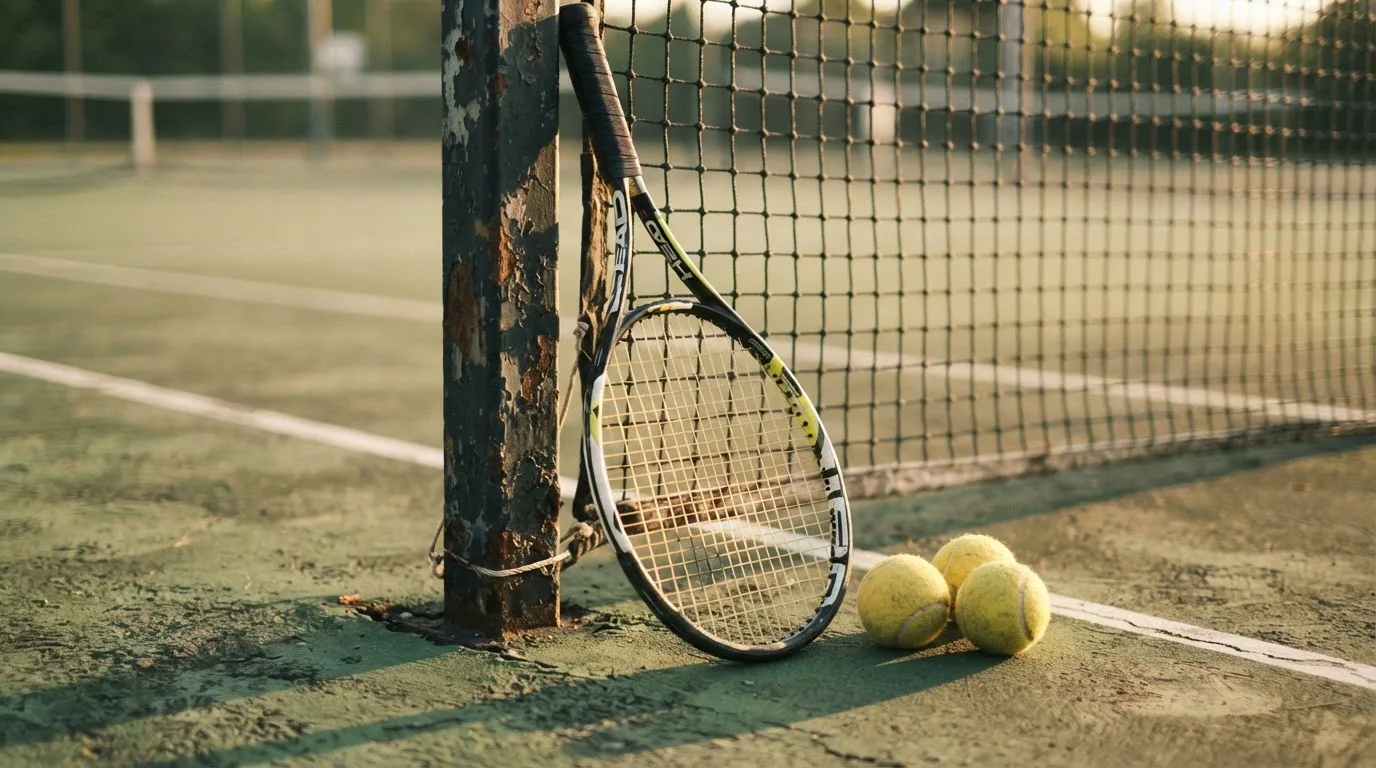 Ein Tennisschläger lehnt an einem Netzpfosten, daneben liegen drei Bälle auf einem Hartplatz in warmem Nachmittagslicht.