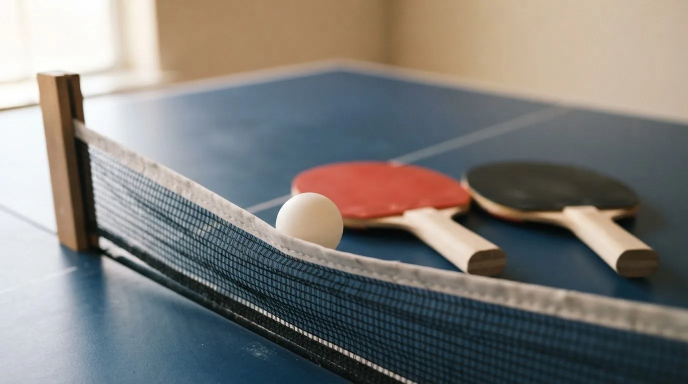 Ein weißer Ball liegt in Nahaufnahme auf der Netzkante einer Tischtennisplatte, daneben zwei Holzschläger mit rotem und schwarzem Belag.