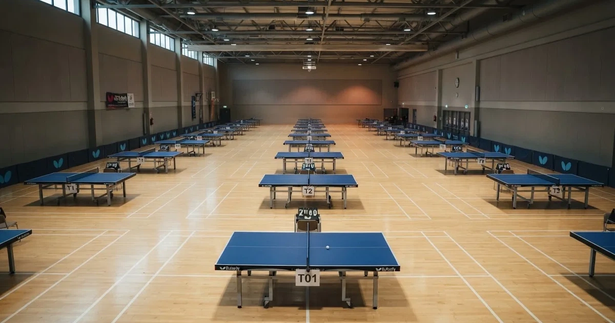 Eine Tischtennishalle aus erhöhter Perspektive mit mehreren blauen Tischen in Reihen unter gedämpftem Hallenlicht, ohne Personen.