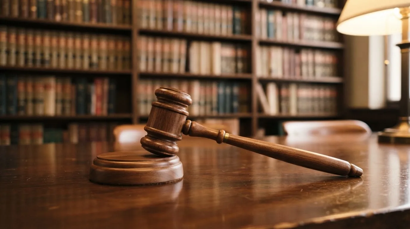 Ein Richterhammer aus Holz liegt auf einer polierten Tischplatte, dahinter eine unscharfe Bücherwand.