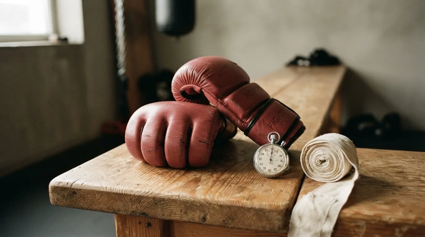 Ein Paar Kampfhandschuhe und eine Stoppuhr liegen auf einer Bank im Trainingsraum neben einer aufgerollten Handbandage.