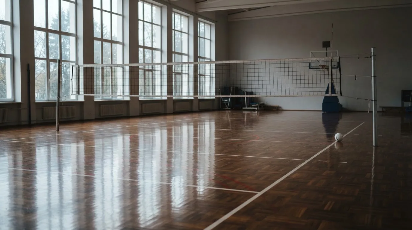 Eine leere Sporthalle mit gespanntem Volleyballnetz und glänzendem Parkett, durch hohe Fenster fällt Tageslicht.