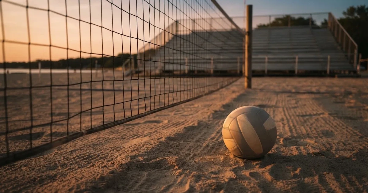 Ein Volleyball liegt auf dem Sand eines Beachvolleyball-Feldes neben dem gespannten Netz, im Hintergrund eine leere Tribüne bei Abendlicht.