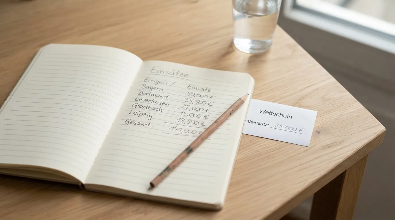 Ein Notizbuch mit handschriftlichen Spalten und einem Bleistift liegt auf einem Schreibtisch neben einem Taschenrechner.