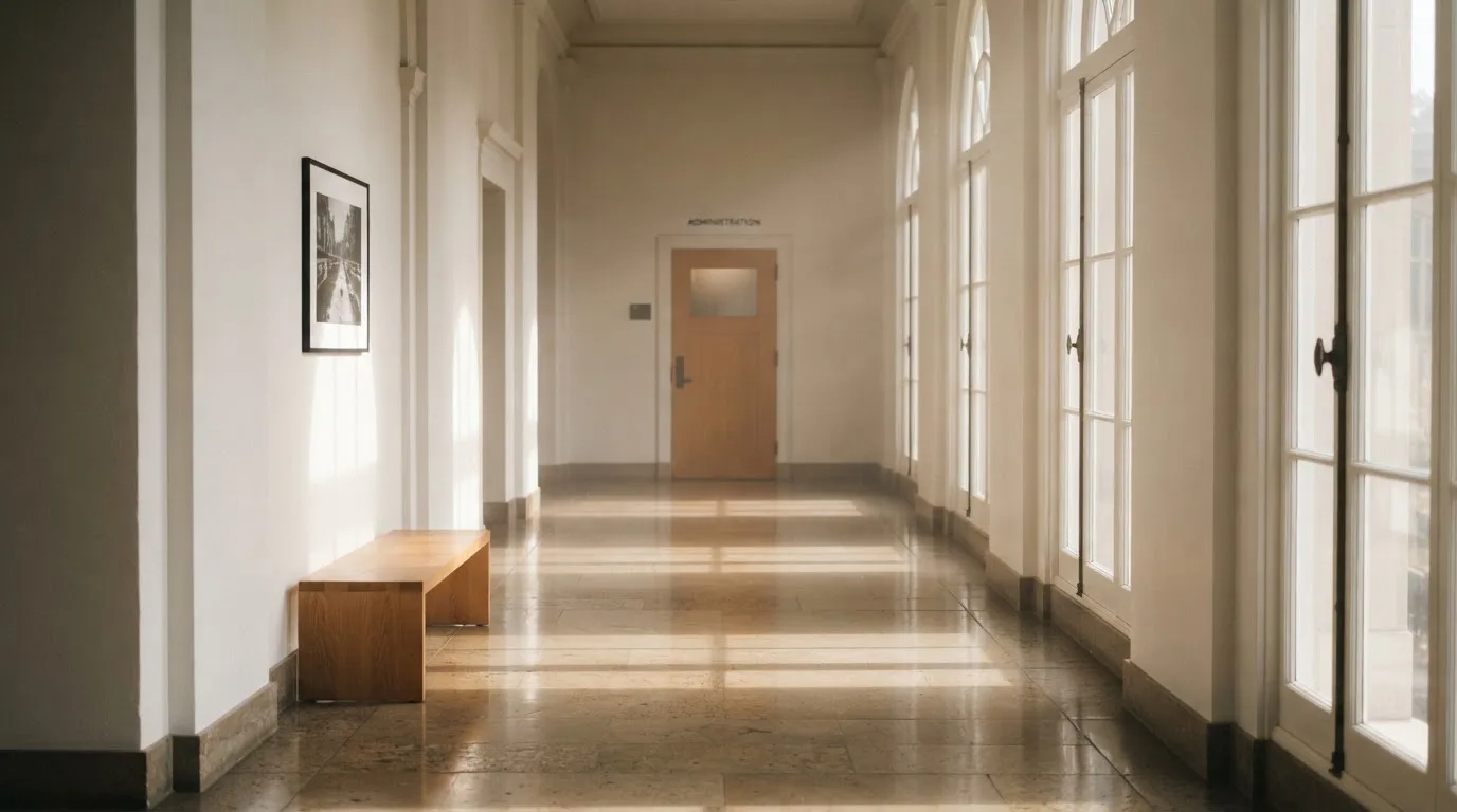 Ein leerer Amtsflur mit hohen Fenstern und glänzendem Steinboden, durch die Fenster fällt das Licht eines Vormittags.