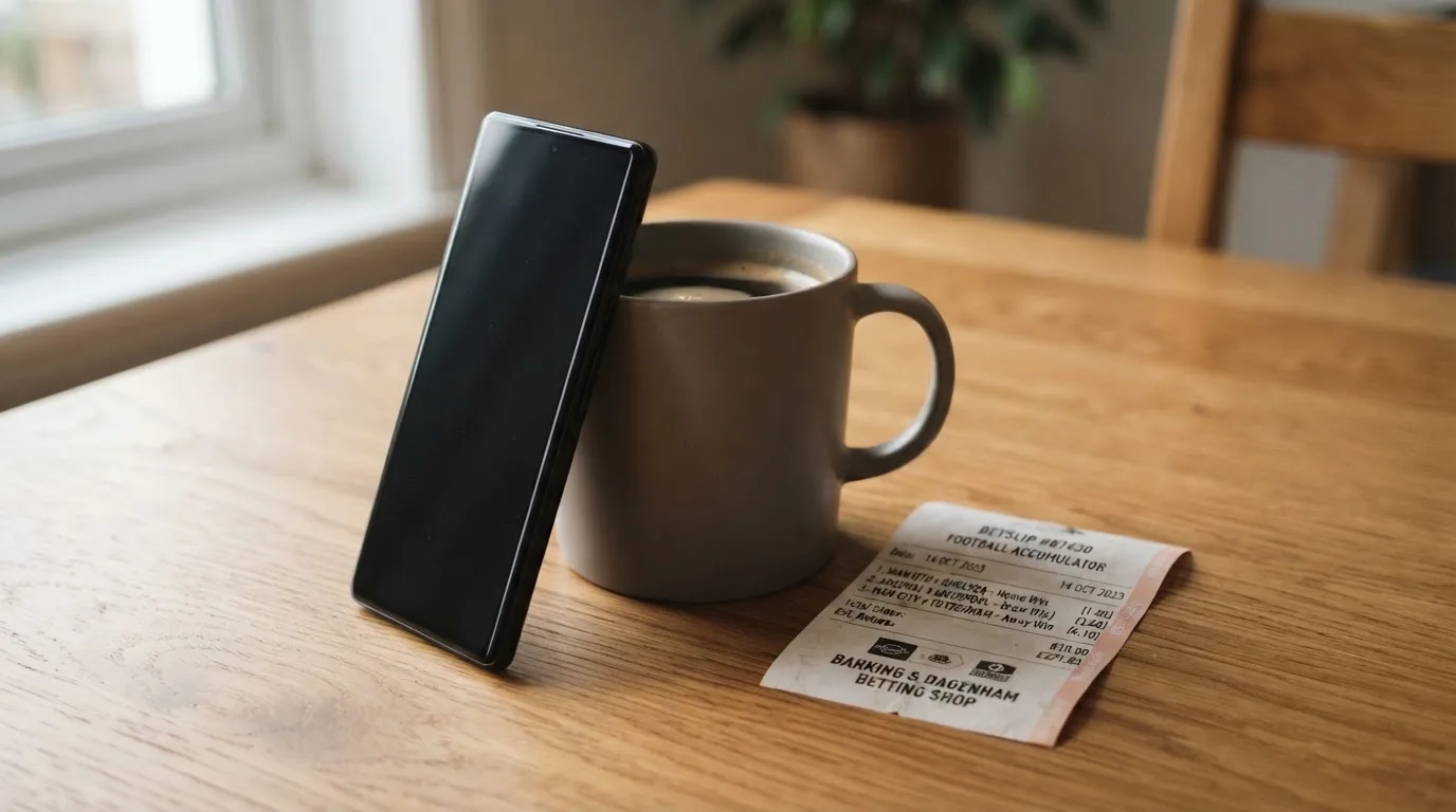 Ein Smartphone mit dunklem Bildschirm lehnt an einer Kaffeetasse auf einem Holztisch, daneben ein blanker Papier-Wettschein.