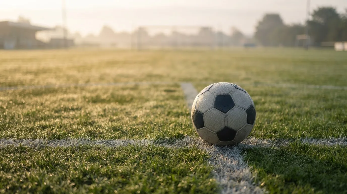 Ein Fußball liegt auf dem Anstoßpunkt eines Rasenplatzes im ersten Morgenlicht, Tau glänzt auf dem Gras.