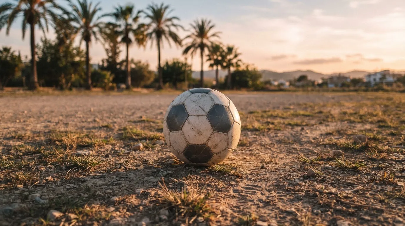 Ein Fußball liegt auf einem staubigen Bolzplatz mit Palmen im Hintergrund in warmem Abendlicht.