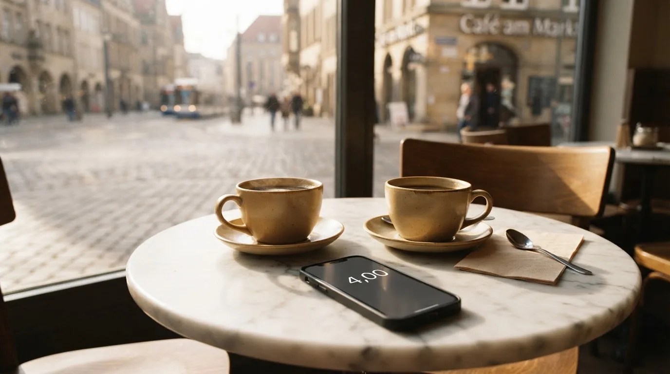Zwei Kaffeetassen und ein dunkles Smartphone stehen auf einem Café-Tisch am Fenster im Morgenlicht.