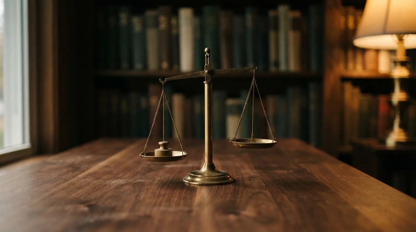 Eine Messingwaage steht auf einem dunklen Holztisch, dahinter eine unscharfe Regalwand mit geschlossenen Büchern.