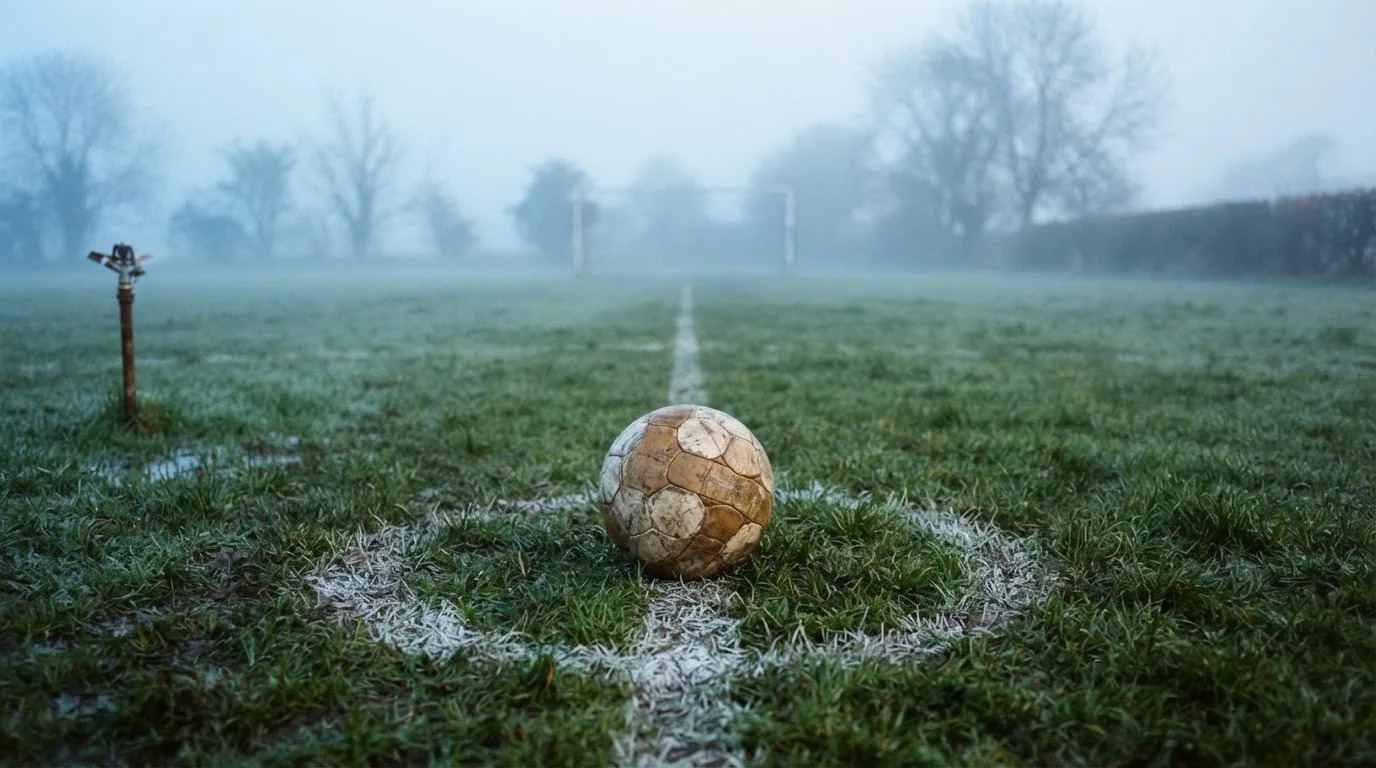 Ein abgewetzter Fußball liegt auf dem Anstoßkreis eines Naturrasens im Morgennebel.