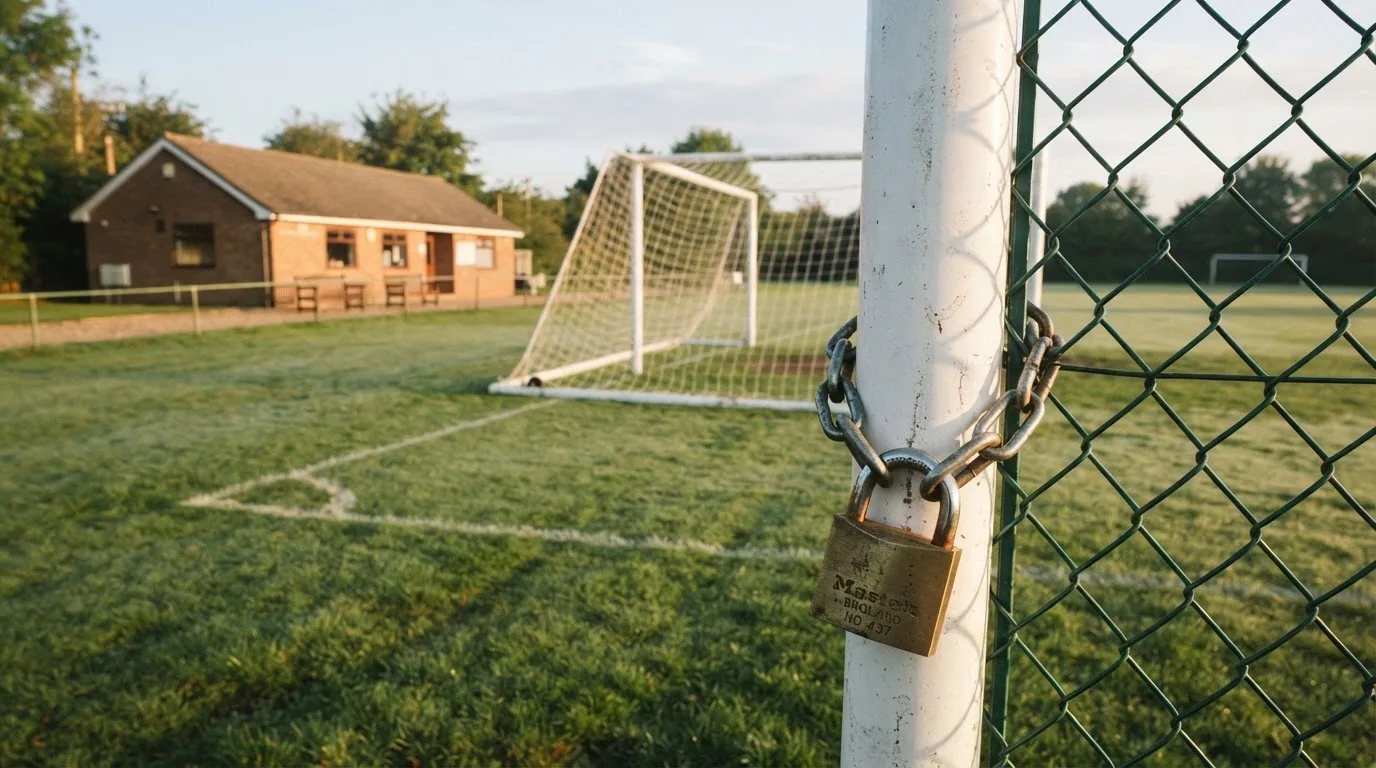 Ein geschlossenes Tor an einem Zaun mit Vorhängeschloss im Morgenlicht, dahinter ein einfacher Sportplatz.