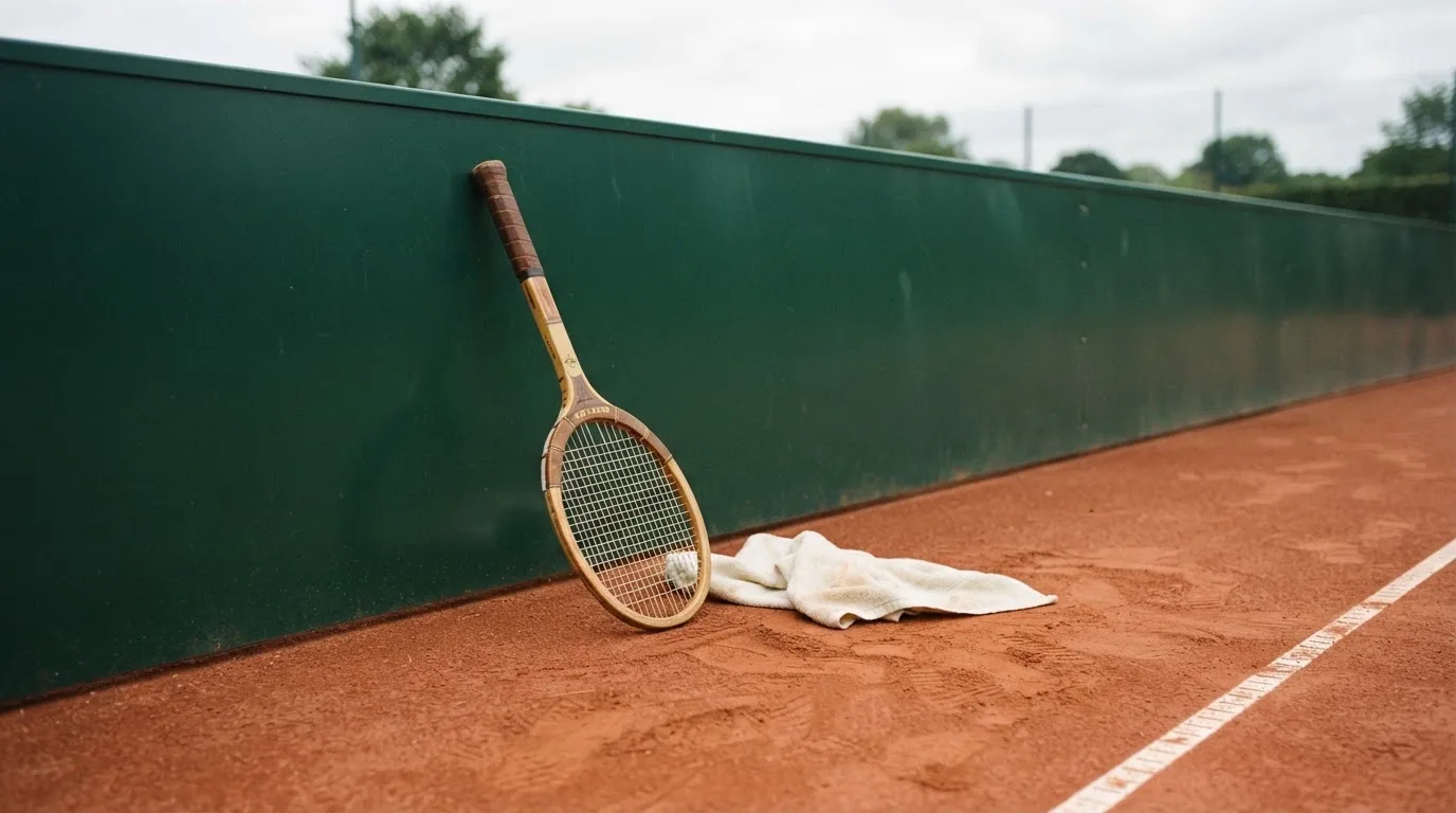 Ein Tennisschläger lehnt an einer dunkelgrünen Bande ohne Aufschrift auf einem Sandplatz, daneben liegt ein Handtuch.