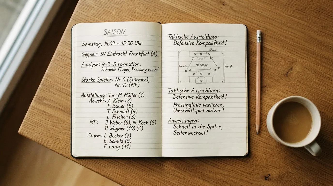Ein aufgeschlagenes Notizbuch mit handschriftlichen Skizzen liegt neben einem Bleistift auf einem Holztisch, daneben eine Tasse Kaffee.