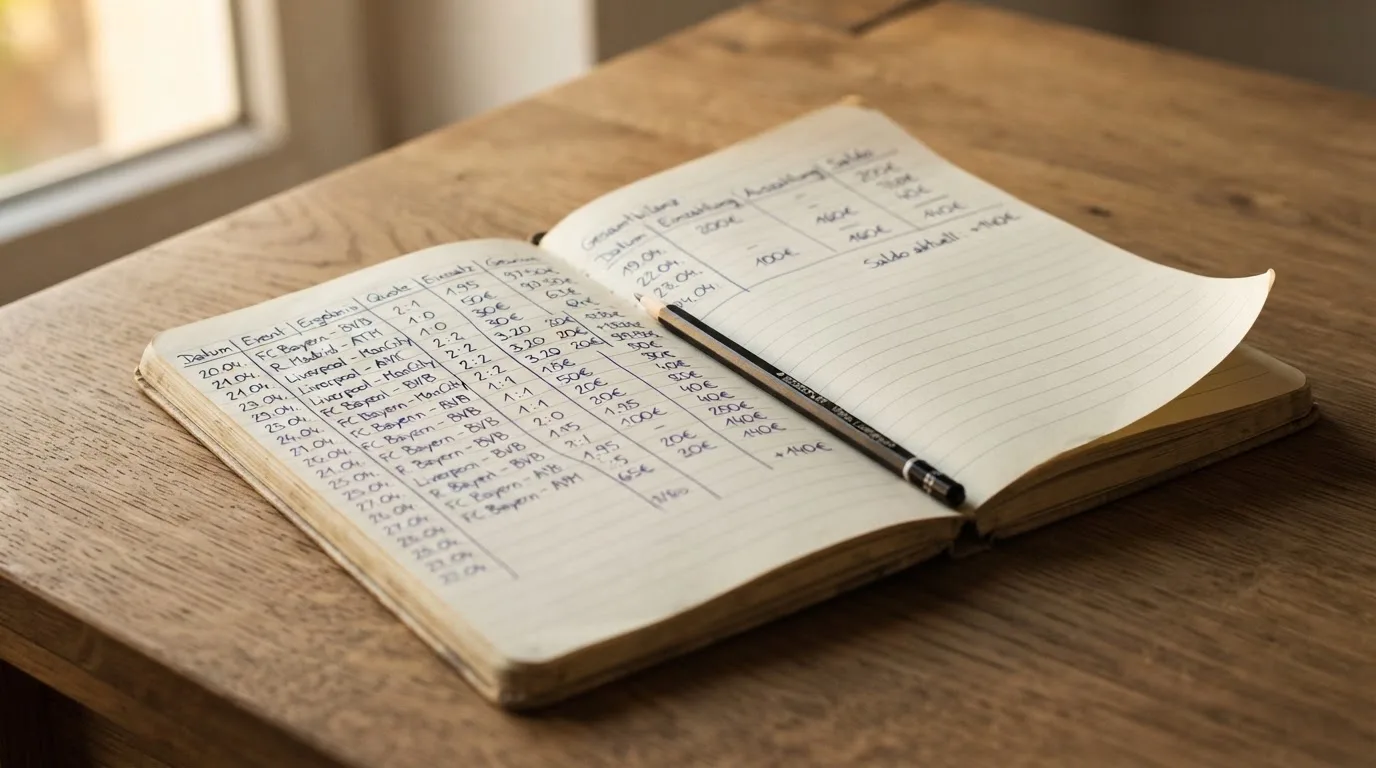 Ein Taschenrechner und ein Bleistift liegen auf einem Schreibtisch neben einem aufgeschlagenen Notizbuch mit handschriftlichen Zahlenreihen.