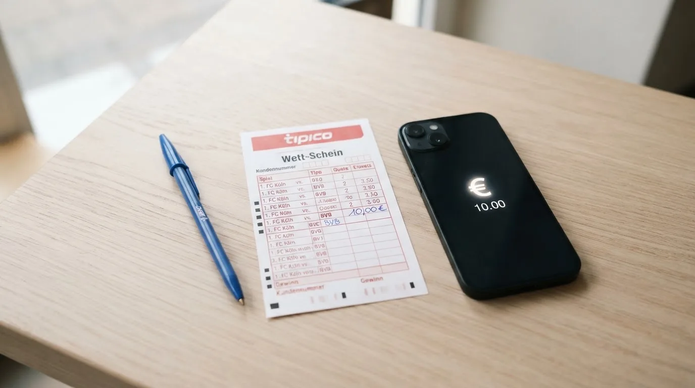 Ein leerer Papier-Wettschein liegt neben einem Smartphone mit dunklem Display auf einer hellen Tischplatte, daneben ein Kugelschreiber.