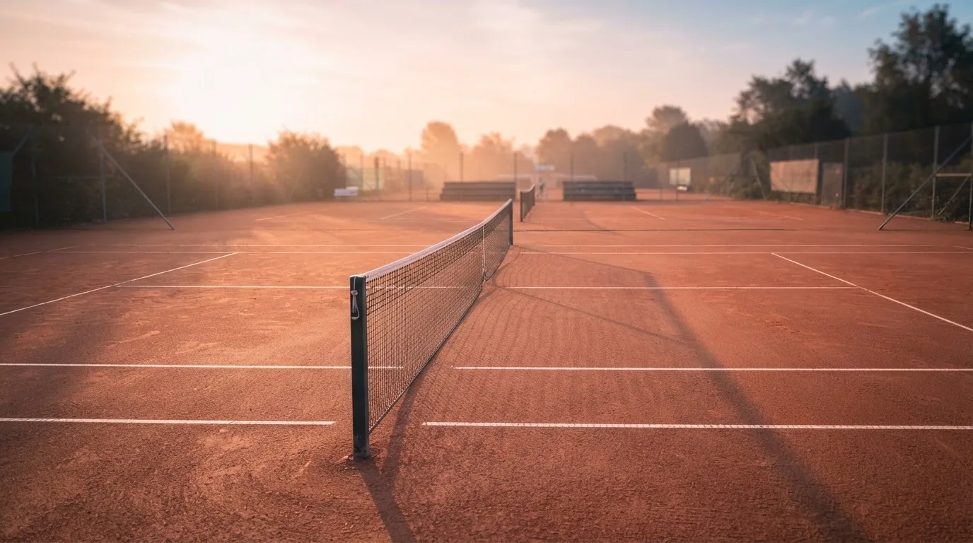 Ein Tennisplatz bei Sonnenaufgang, Netz und Grundlinien im weichen Licht, niemand ist zu sehen.