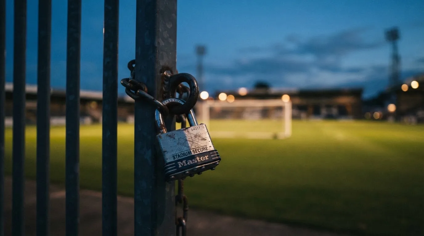 Ein Vorhängeschloss hängt an einem Metalltor, dahinter ein unscharfer Fußballplatz in der Dämmerung.