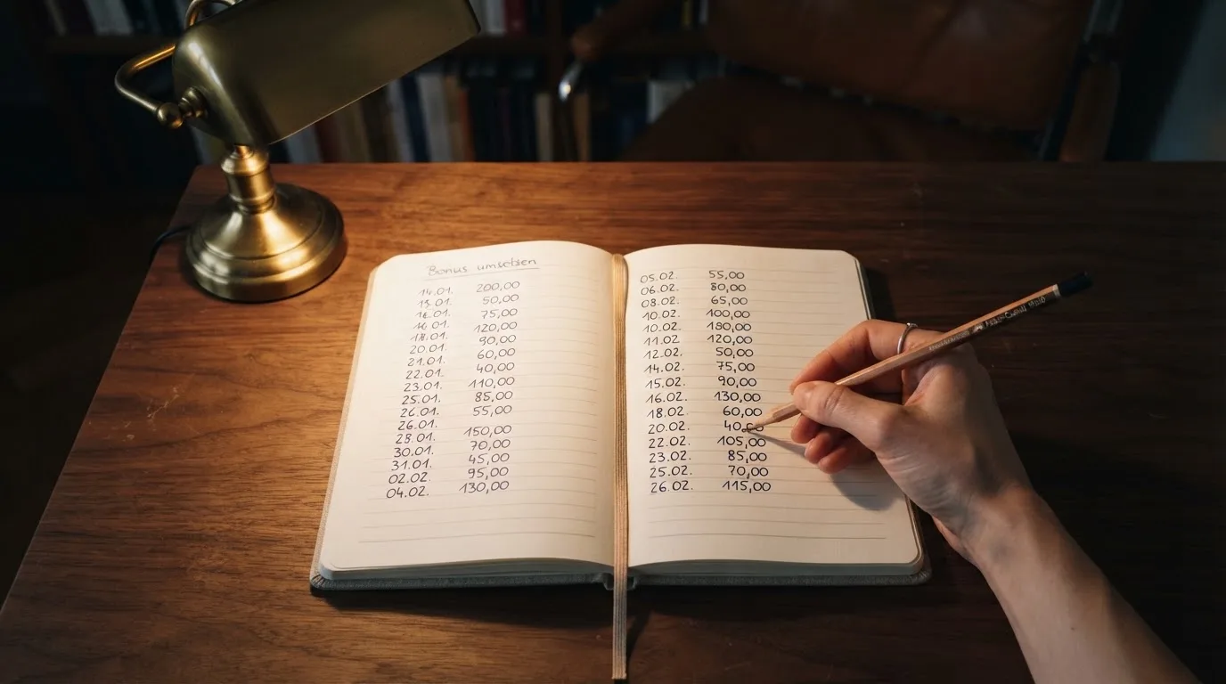 Ein Taschenrechner und ein Notizbuch mit handschriftlichen Zahlenreihen liegen auf einem Schreibtisch unter einer Lampe.