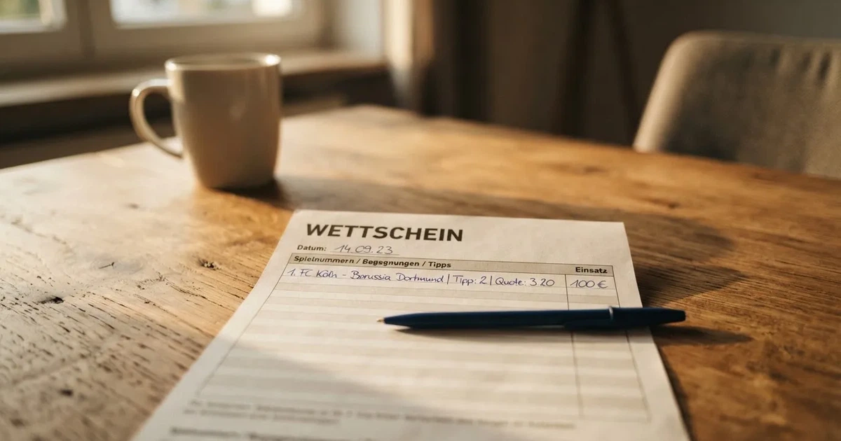 Ein leerer Papier-Wettschein und ein Kugelschreiber liegen auf einem Holztisch, daneben ein kleiner Stapel Münzen im Morgenlicht.